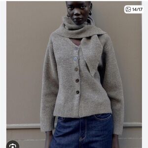 Zara cardigan sweater detachable tie neck scarf size small taupe
